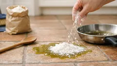 Olio sul pavimento? Il trucco della farina per pulire in 5 minuti senza aloni